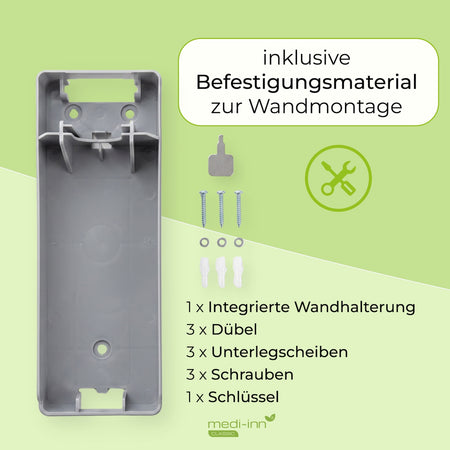 Inklusive Befestigungsmaterial zur Wandmontage: 1 x Wandhalterung, 3 x Dübel, 3 x Unterlegscheiben, 3 x Schrauben, 1 x Schlüssel