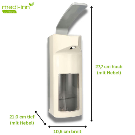 Medi-Inn Wandspender mit Maßangaben – 27,7 cm hoch, 10,5 cm breit, 21 cm tief (inkl. Hebel)