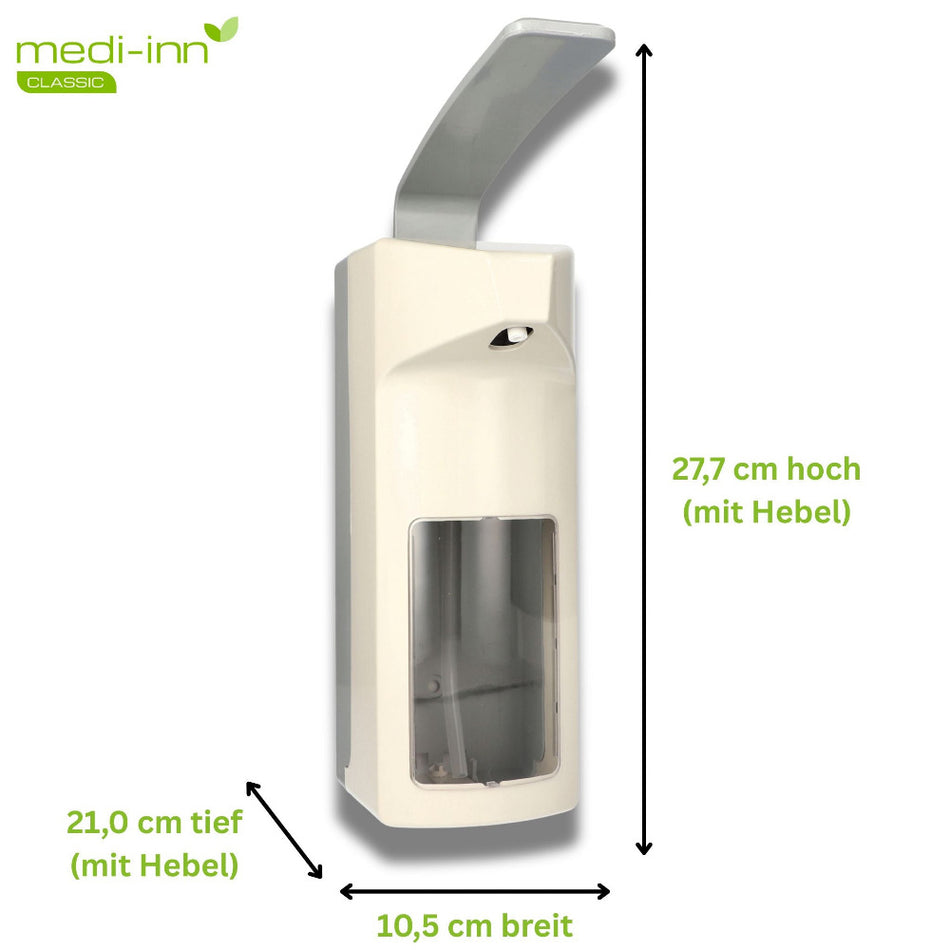Medi-Inn Wandspender mit Maßangaben – 27,7 cm hoch, 10,5 cm breit, 21 cm tief (inkl. Hebel)