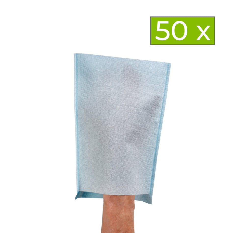 Einweg-Waschhandschuh Airlaid mit PE-Innenseite auf der Hand, Hinweis „50 Stück“.
