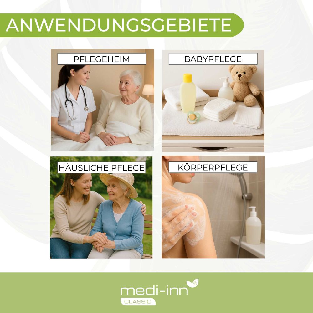 Anwendungsbereiche der Waschhandschuhe: Pflegeheim, Babypflege, häusliche Pflege, Körperpflege – Collage.