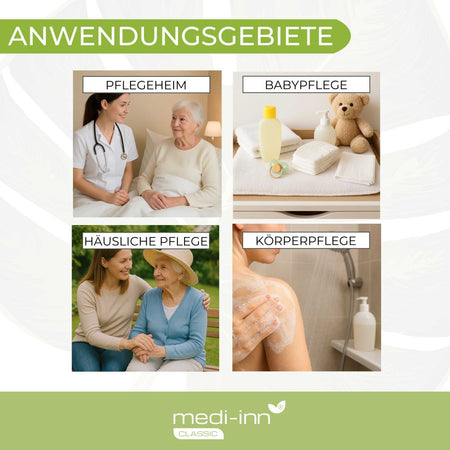 Anwendungsbereiche der Waschhandschuhe: Pflegeheim, Babypflege, häusliche Pflege, Körperpflege – Collage.