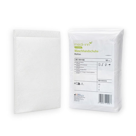 MEDI-INN CLASSIC Waschhandschuhe Molton – einzelner weißer Einmal-Waschhandschuh und Verpackungseinheit (50 Stück)