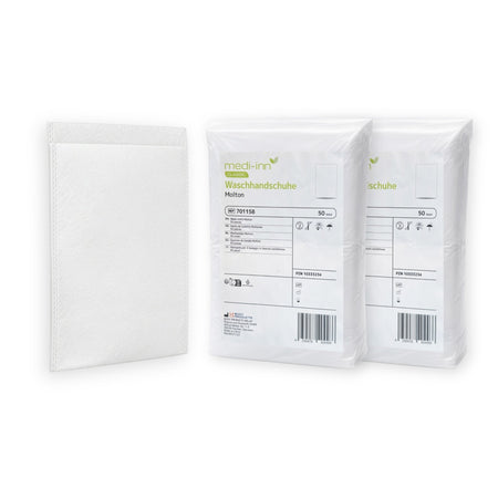 MEDI-INN Molton Waschhandschuhe – Produktansicht mit Einmal-Waschhandschuh und zwei Packungen à 50 Stück