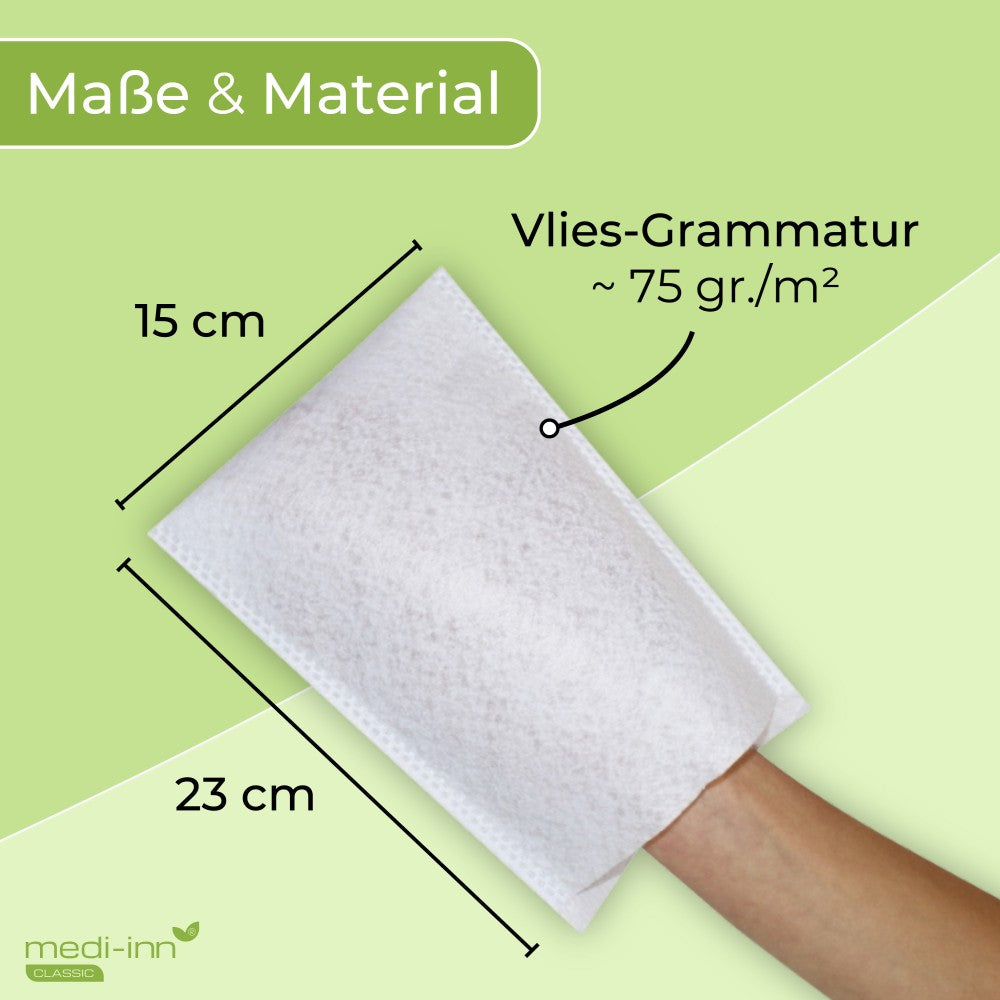 Maße und Material der Molton Waschhandschuhe – 15 × 23 cm, Vlies-Grammatur ca. 75 g/m² (Infografik)