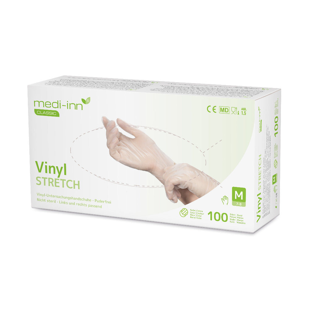 Verpackung der Medi-Inn Vinyl Stretch Handschuhe in der Größe M. 
