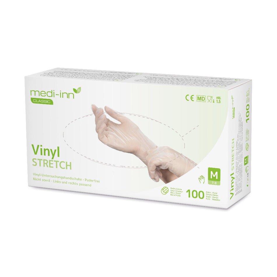 Verpackung der Medi-Inn Vinyl Stretch Handschuhe in der Größe M. 