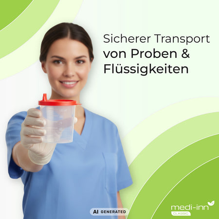 Medizinische Fachkraft hält den roten Medi-Inn Urinbecher mit rotem Schnappdeckel in die Kamera, daneben der Hinweis: Sicherer Transport von Proben & Flüssigkeiten