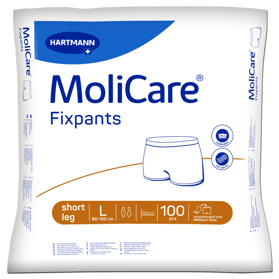 Frontalansicht einer Packung MoliCare Fixpants Größe Large 100er Pack.