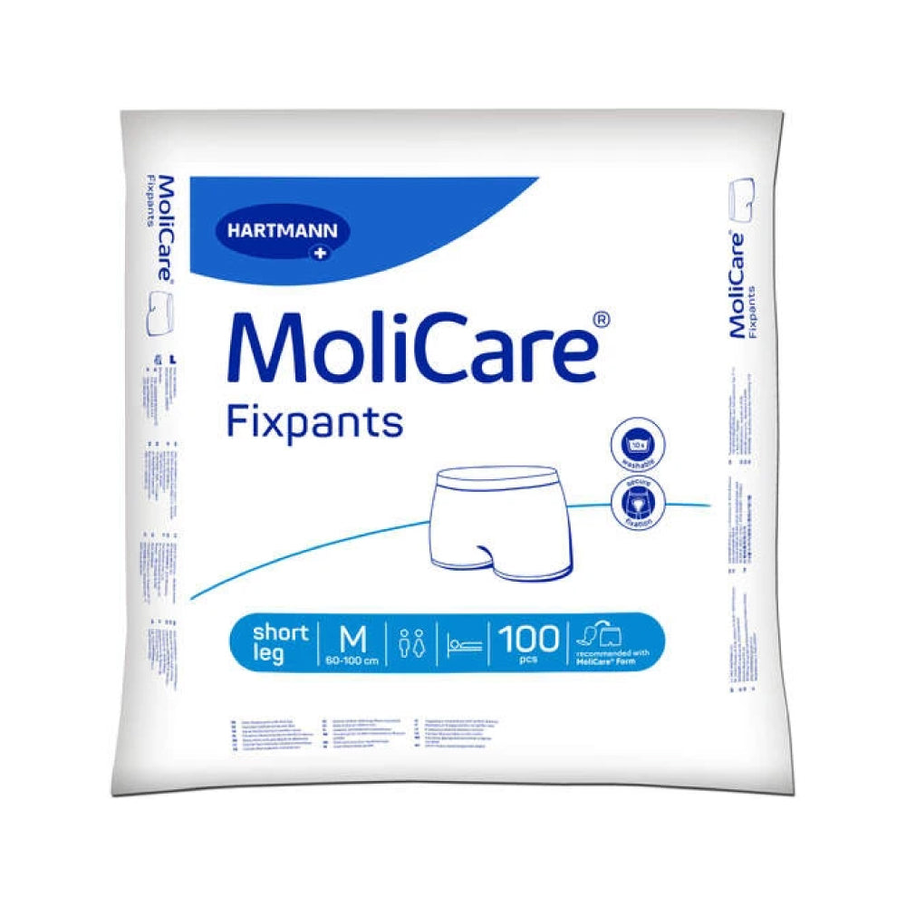Frontalansicht einer Packung MoliCare Fixpants Short Leg Medium 100er-Pack.