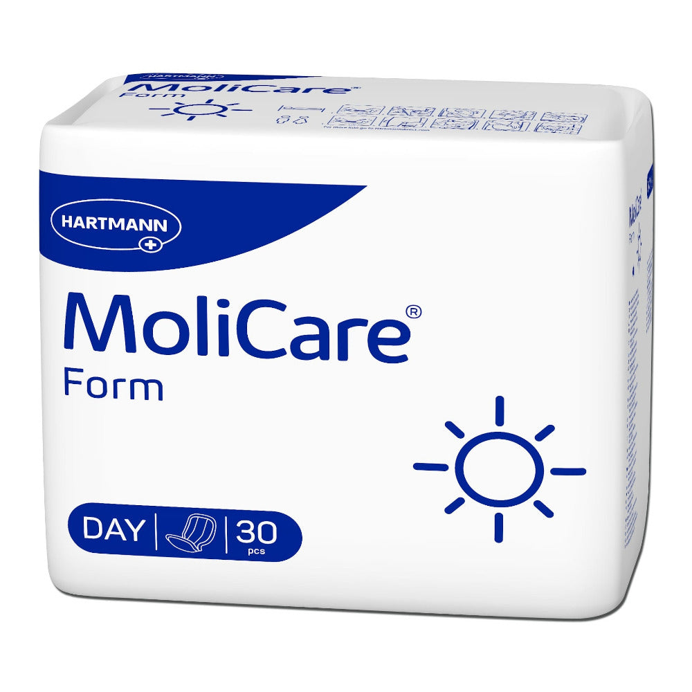 Packung Hartmann MoliCare Form Day, 30 Stück, Seitenansicht mit Sonnensymbol.
