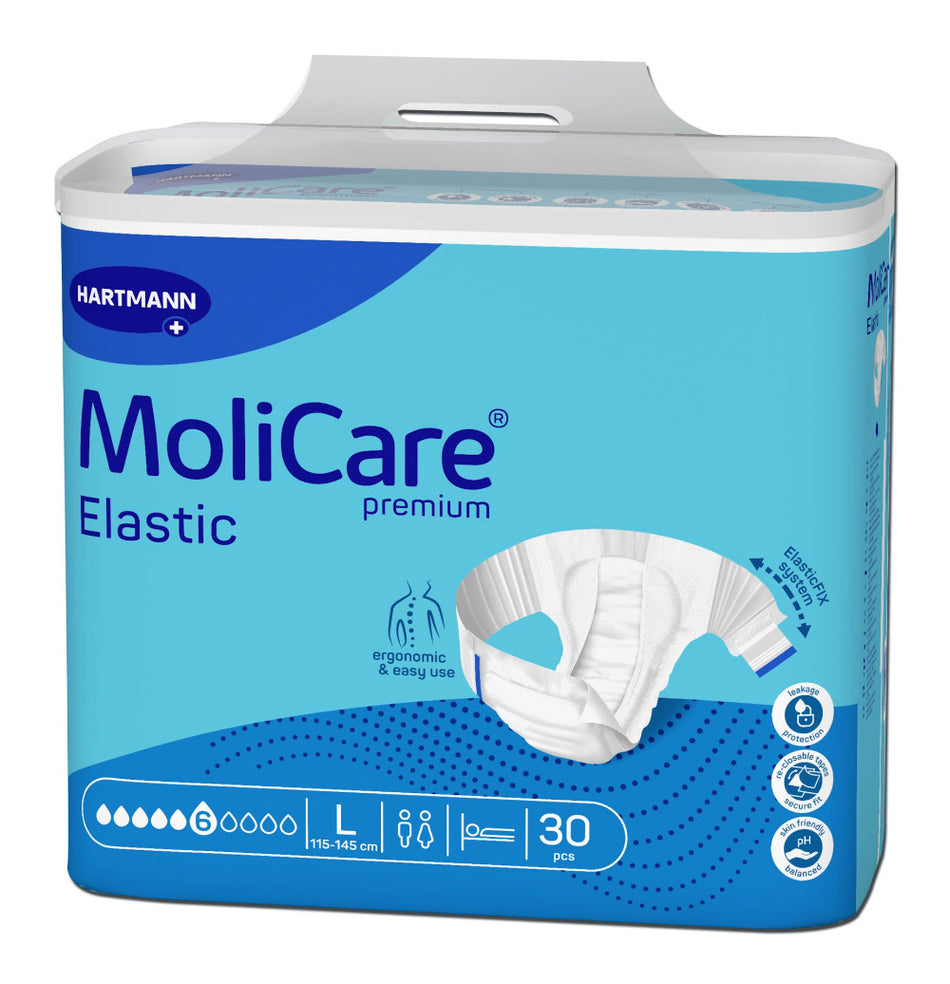 Hartmann MoliCare Premium Elastic, Inkontinenzslip L (115–145 cm), 30 Stück, Saugstärke 6 – Produktverpackung.