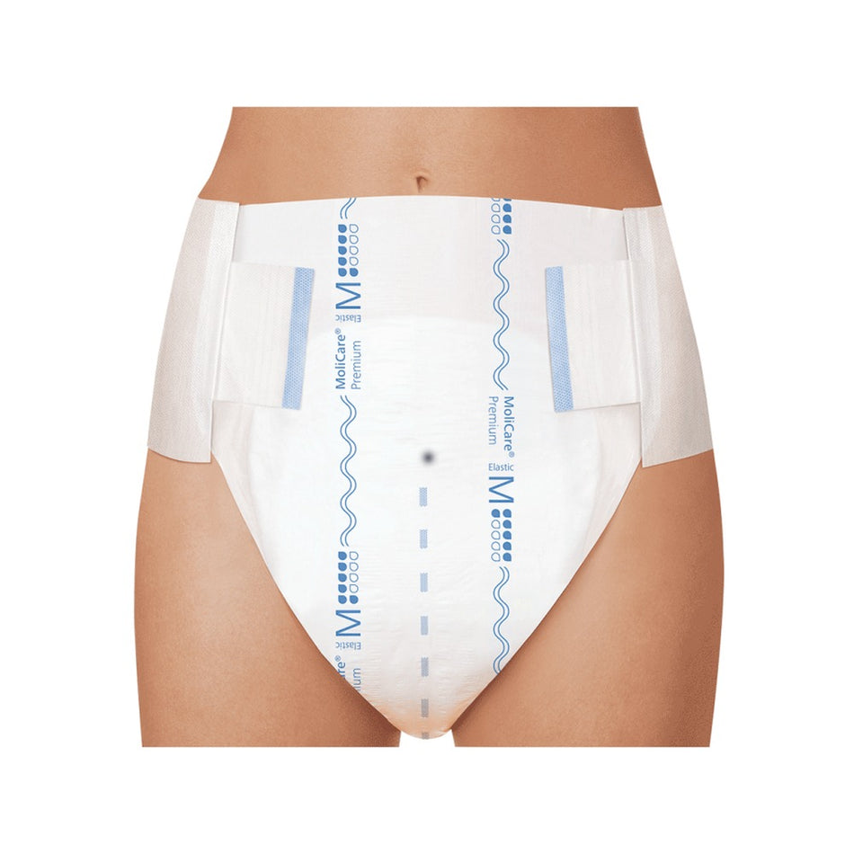 Molicare Premium Elastic 6 Tropfen M, Abbildung eines Packungsdesigns für Inkontinenzprodukte. Die Verpackung ist in Blau- und Grüntönen gehalten, mit einem klaren Fokus auf die Produktbezeichnung "Molicare Premium Elastic". Unten sind stilisierte Tropfen abgebildet, die die Saugfähigkeit symbolisieren. Das Produkt ist als Größe M gekennzeichnet und zeigt eine anpassungsfähige Klebevariante.