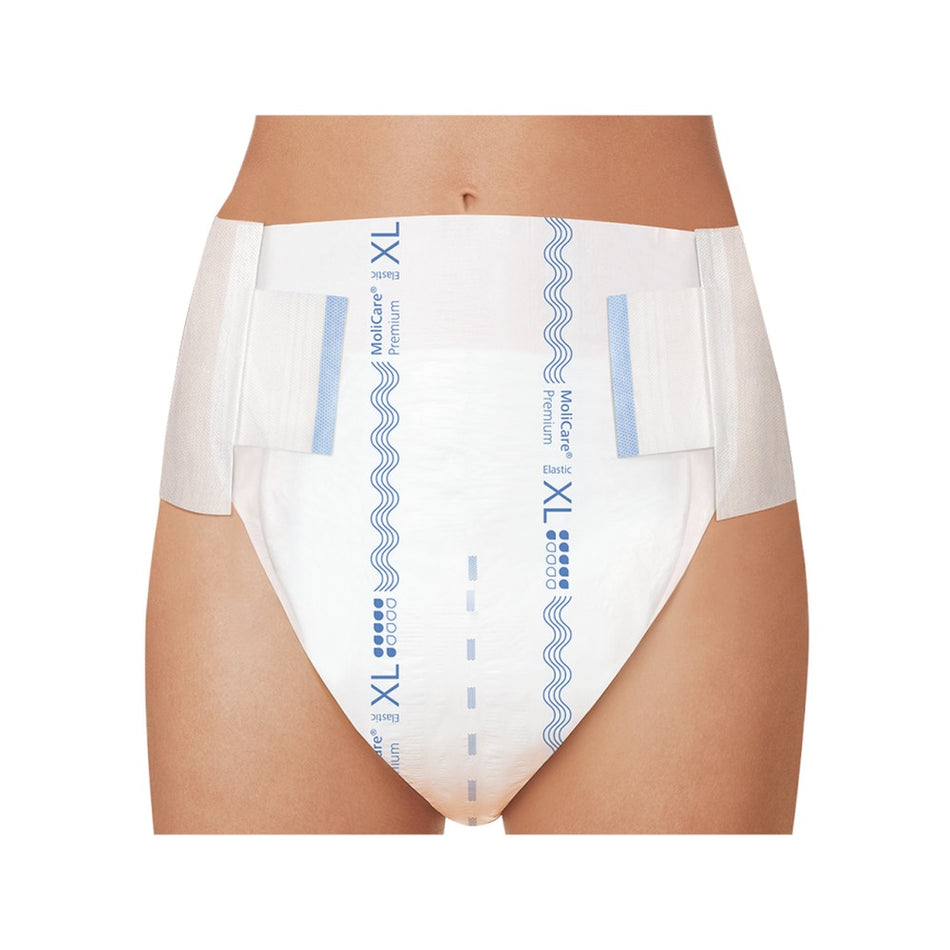 Molicare Premium Elastic 6 Tropfen, Größe XL, Packaging vorn. Die Verpackung präsentiert sich in einer Kombination aus hellem Blau und Weiß, mit klarer Schrift, die den Produktnamen und die Eigenschaften hervorhebt. Am oberen Rand ist das Molicare-Logo zu sehen, und die Verpackung enthält zusätzliche Informationen über die Saugfähigkeit und den Komfort des Produkts. Die Produktabbildung zeigt die Tropfensymbole zur Darstellung der Saugstärke.