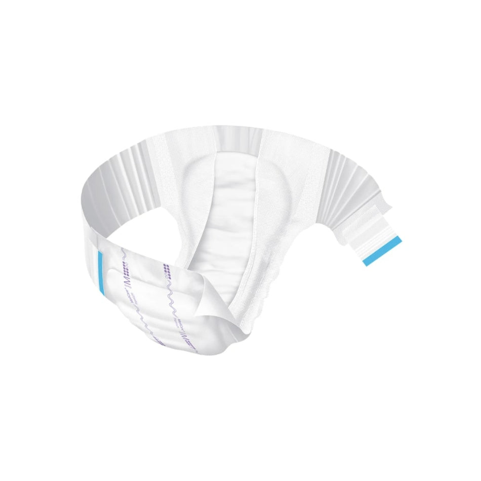 Produktbild des MoliCare Premium Elastic 8 Tropfen in der Größe L. Die Verpackung zeigt eine elegante, hellblaue und weiße Farbgestaltung mit einem klaren Sichtfenster, das die Einlagen sichtbar macht. Im Vordergrund sind die Hauptmerkmale hervorgehoben, darunter die hohe Saugfähigkeit von 8 Tropfen. Auf der Verpackung sind auch Piktogramme für Komfort und Sicherheit abgebildet. Die Einlagen selbst sind durch ihre elastischen Bündchen erkennbar, die eine optimale Anpassung an den Körper versprechen.