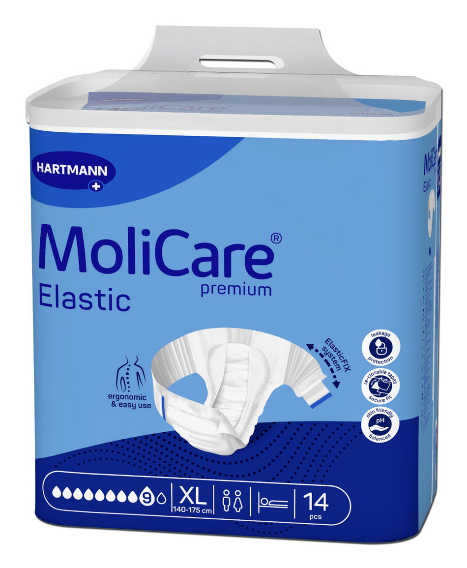 Hartmann MoliCare Premium Elastic, Inkontinenzslip, Größe XL (140–175 cm), 14 Stück – Produktverpackung.