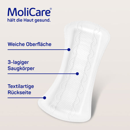 Ansicht einer einzeln entnommenen MoliCare Premium Lady Pad 0,5 Tropfen Inkontinenzeinlage mit dem Hinweis: "Weiche Oberfläche, 3-lagiger Saugkörper, Textilartige Rückseite".