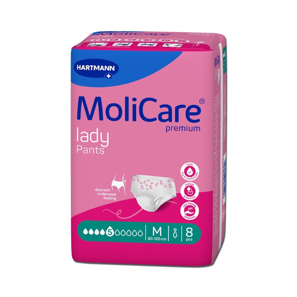 Hartmann MoliCare Premium Lady Pants 5 Tropfen, Größe M (80–120 cm), 8 Stück, rosa Verpackung freigestellt