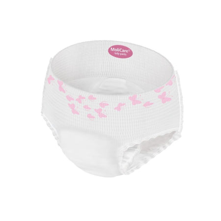 MoliCare Premium Lady Pants weiß mit rosa Schmetterlingmuster, Slip-Design mit weichem Bündchen freigestellt