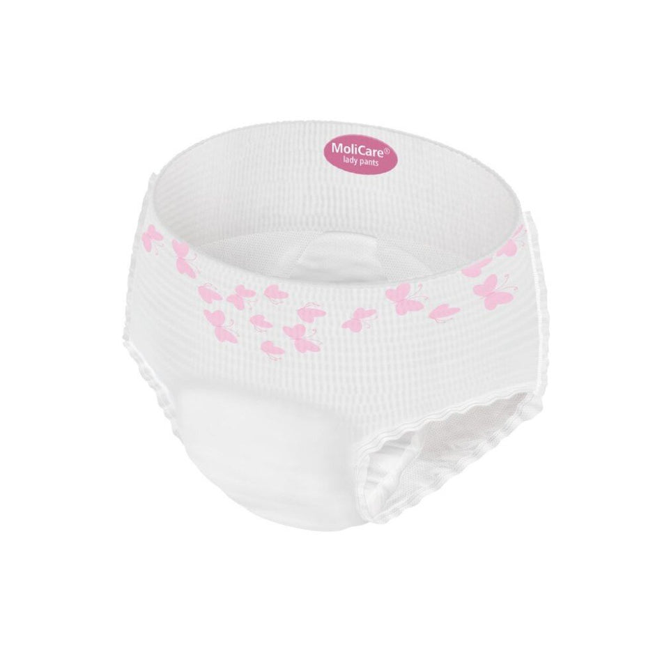 MoliCare Premium Lady Pants weiß mit rosa Schmetterlingmuster, Slip-Design mit weichem Bündchen freigestellt