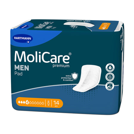 Molicare Premium Men Pad mit 4 Tropfen - Produktbild: Eine Packung der Molicare Premium Men Pads steht im Fokus des Bildes. Die Verpackung ist in Blau- und Grautönen gehalten, mit deutlich erkennbaren Informationen zu den Absorptionseigenschaften. Auf der Vorderseite sind die 4 Tropfen zur Kennzeichnung der Saugfähigkeit sichtbar. Das Produkt richtet sich speziell an Männer und wird als diskrete, sichere Lösung für Inkontinenz präsentiert.