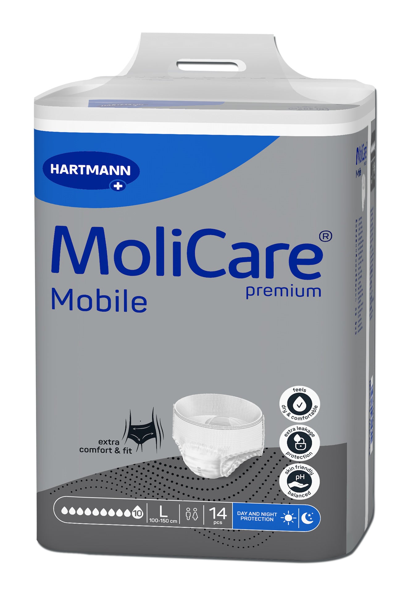 Molicare Premium Mobile, Inkontinenzeinlagen Größe L, Verpackung mit 10 Tropfen-Symbol. Die Vorderseite der Packung zeigt das Produktnamenslogo und die Kennzeichnung der Saugstärke in Tropfen. Hintergrund in sanften Farben, um die Benutzerfreundlichkeit zu betonen. Dezente grafische Elemente unterstreichen die Premium-Qualität. Die Einlagen sind für aktive Benutzer konzipiert und bieten Schutz sowie Komfort.