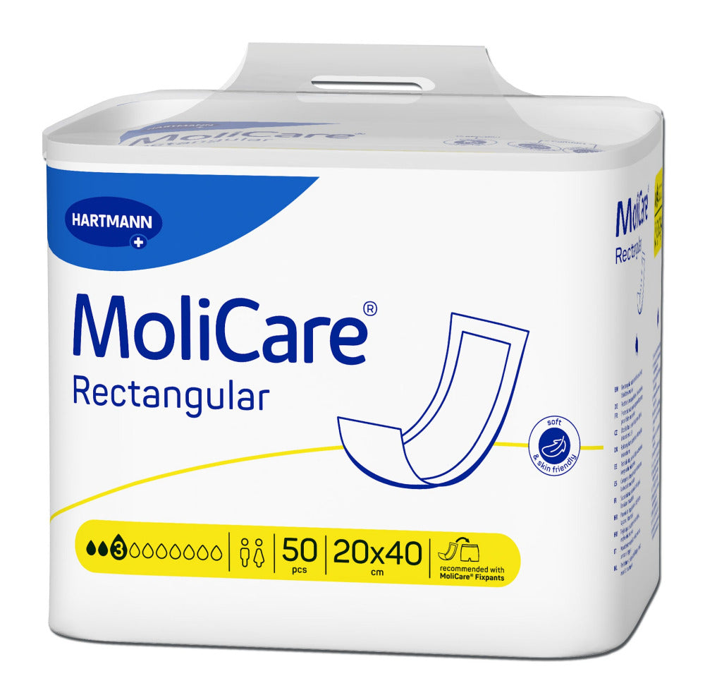 Packung MoliCare Rectangular Inkontinenzvorlage, 3 Tropfen, 20x40 cm, 50 Stück, empfohlen mit MoliCare Fixpants von Hartmann.
