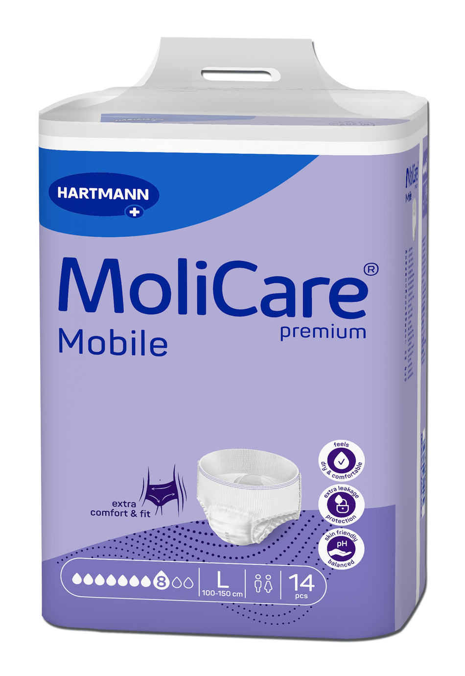 Bild eines Molicare Premium Mobile mit 8 Tropfen in der Größe L. Die Verpackung zeigt eine stilisierte Darstellung des Produkts, das für die Inkontinenzversorgung konzipiert ist. Der Hintergrund ist hell und neutral, was die visuelle Klarheit des Produkts unterstützt. Die Vorderseite der Verpackung enthält klare Informationen zu den Eigenschaften, wie die hohe Absorption und den Tragekomfort.