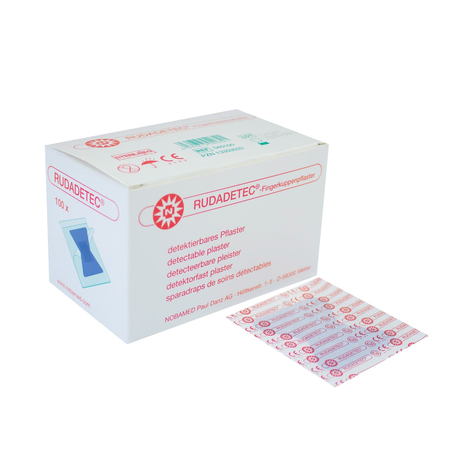Noba Rudadetec Fingerkuppenpflaster detektierbar 100 Stück in Verpackung mit einzelnem Pflaster davor.