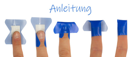 Anleitung zur Anwendung des Noba Rudadetec Fingerkuppenpflasters Schritt für Schritt am Finger.
