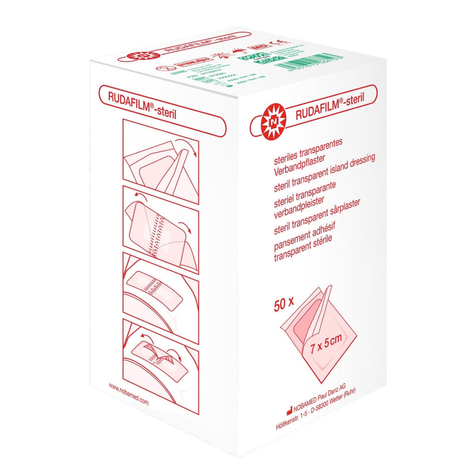 RUDAFILM-steril Verbandpflaster 50 Stück, Größe 7×5 cm, weiße Kartonverpackung mit Anwendungsanleitung