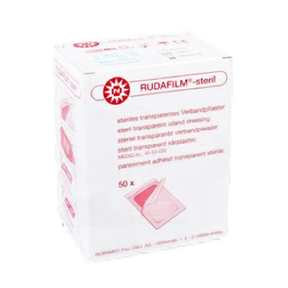 Verpackung der Rudafilm-steril Wundauflagen von NOBA, weiße Box mit rotem Logo und mehrsprachiger Beschriftung, enthält 50 sterile transparente Verbandpflaster.