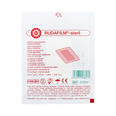 Einzelverpackung eines Rudafilm-steril Pflasters von NOBA, zeigt Produktabbildung und mehrsprachige Beschreibung, inkl. Symbole für Sterilität, CE-Kennzeichnung und Lagervorgaben.