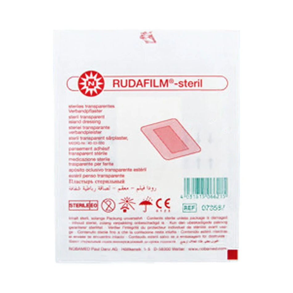 Einzelverpackung eines Rudafilm-steril Pflasters von NOBA, zeigt Produktabbildung und mehrsprachige Beschreibung, inkl. Symbole für Sterilität, CE-Kennzeichnung und Lagervorgaben.