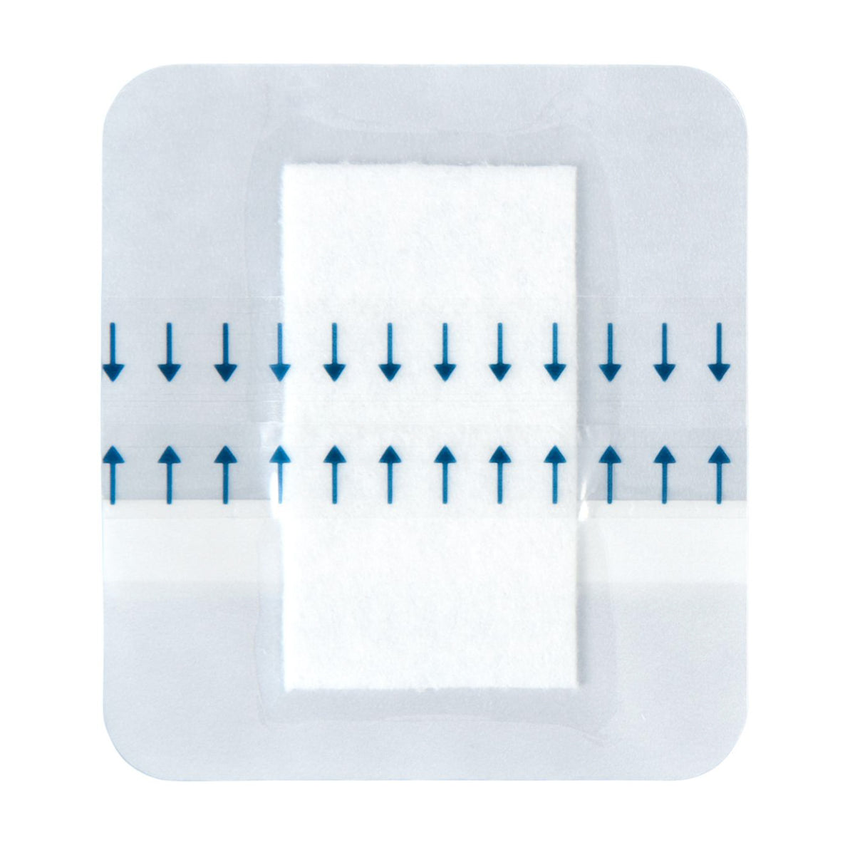 Nahaufnahme eines einzelnen Rudafilm-steril Pflasters, transparent mit weißer Saugauflage in der Mitte und blauen Pfeilen zur Anwendungshilfe auf der Trägerfolie.