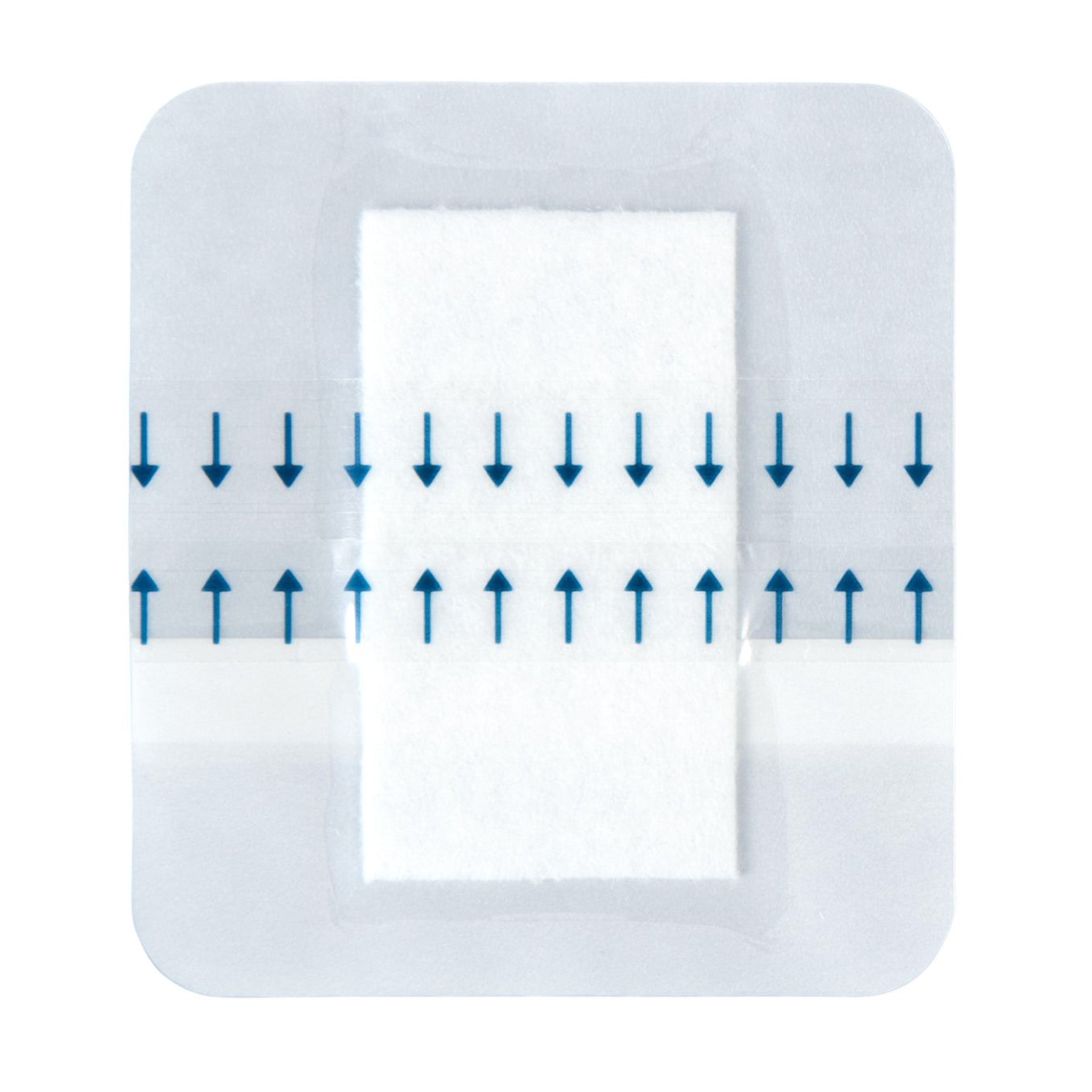 Nahaufnahme eines einzelnen Rudafilm-steril Pflasters, transparent mit weißer Saugauflage in der Mitte und blauen Pfeilen zur Anwendungshilfe auf der Trägerfolie.
