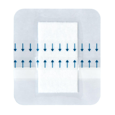 Nahaufnahme eines einzelnen Rudafilm-steril Pflasters, transparent mit weißer Saugauflage in der Mitte und blauen Pfeilen zur Anwendungshilfe auf der Trägerfolie.