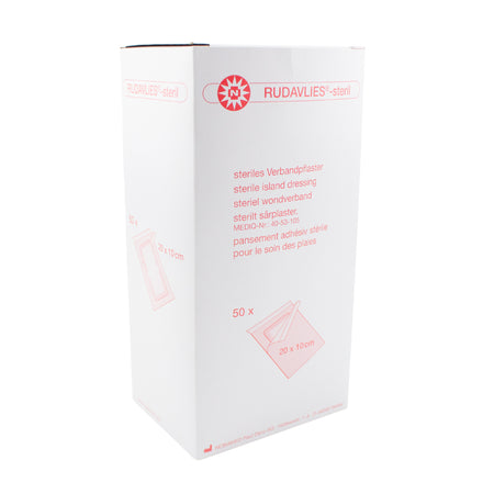 Das Bild zeigt ein Paket mit Noba Rudavlies steril Verbandpflastern in der Größe 20 x 10 cm. Die Verpackung ist überwiegend in Weiß gehalten und trägt das Noba-Logo sowie den Produktnamen in klarer, blauer Schrift. Auf der Vorderseite findet sich eine grafische Darstellung eines Verbandpflasters, das auf einem Hintergrund von sanften, freundlichen Farben präsentiert wird. Im unteren Bereich sind wichtige Hinweise zur Anwendung und Sicherheit abgedruckt.