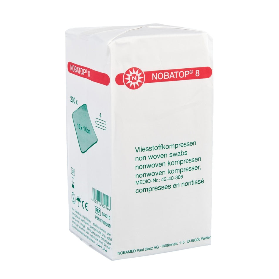 Packung NOBATOP® 8 Vliesstoffkompressen, 4-fach, 10 × 10 cm, 200 Stück.