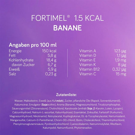Infografik zu Fortimel 1.5 kcal Banane mit Nährwertangaben pro 100 ml, ausgewählten Vitaminen sowie vollständiger Zutatenliste vor lila Hintergrund.