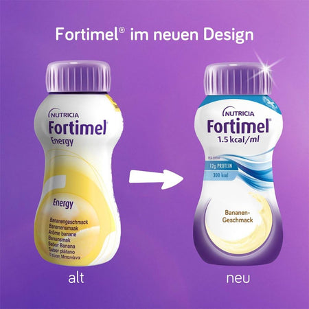 Vergleich des alten und neuen Verpackungsdesigns von Fortimel Banane mit Pfeil vom bisherigen zum neuen Flaschendesign.