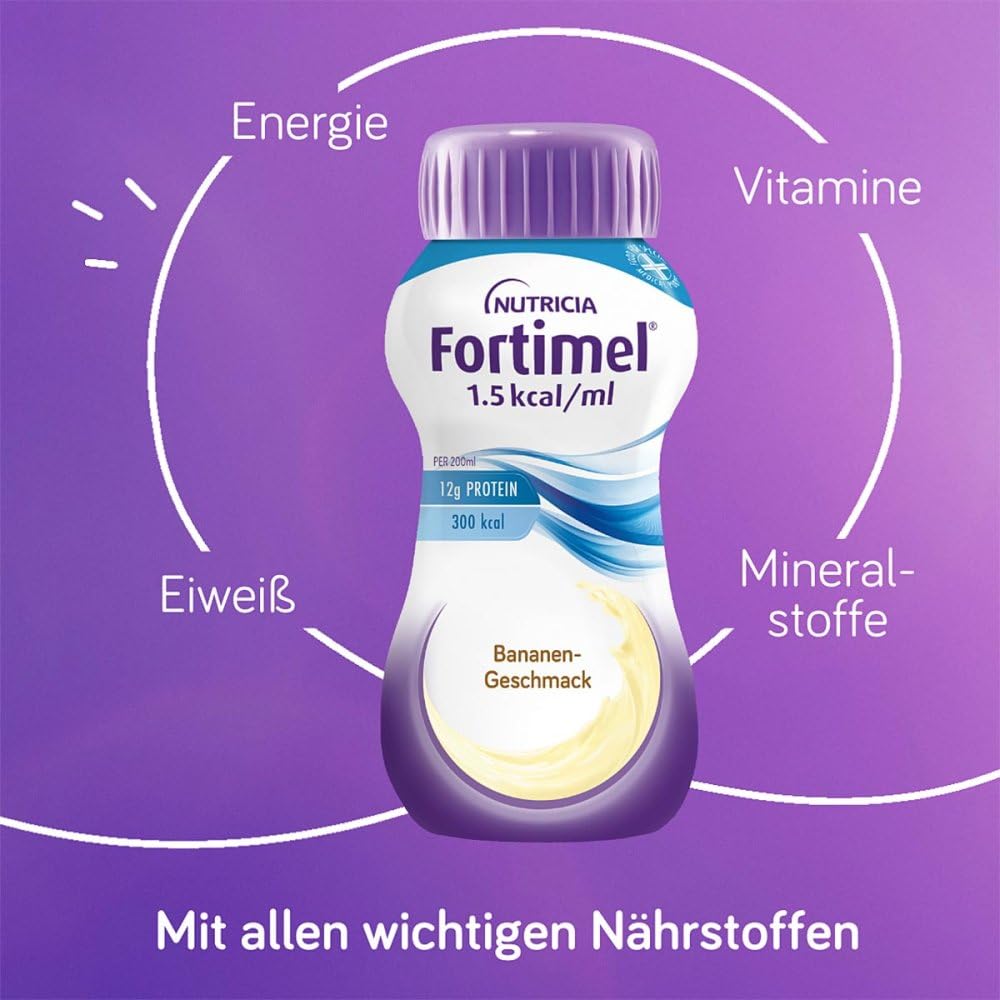 Fortimel 1.5 kcal/ml Banane vor lila Hintergrund mit den Begriffen Energie, Eiweiß, Vitamine und Mineralstoffe sowie dem Hinweis auf alle wichtigen Nährstoffe.