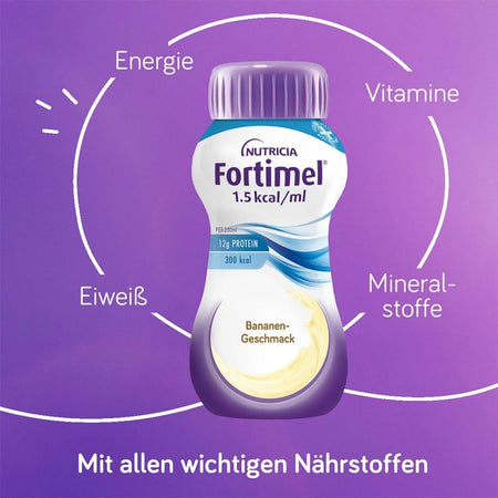 Fortimel 1.5 kcal/ml Banane vor lila Hintergrund mit den Begriffen Energie, Eiweiß, Vitamine und Mineralstoffe sowie dem Hinweis auf alle wichtigen Nährstoffe.