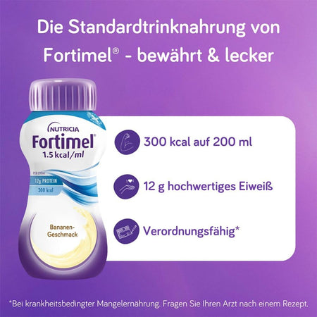 Fortimel 1.5 kcal/ml Banane mit drei Produktvorteilen: 300 kcal pro 200 ml, 12 g hochwertiges Eiweiß und verordnungsfähig bei krankheitsbedingter Mangelernährung.