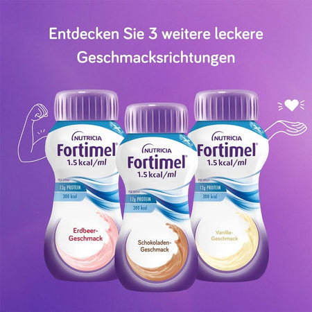 Drei Fortimel 1.5 kcal/ml Flaschen vor lila Hintergrund in den Sorten Erdbeere, Schokolade und Vanille mit dem Hinweis auf drei weitere Geschmacksrichtungen.