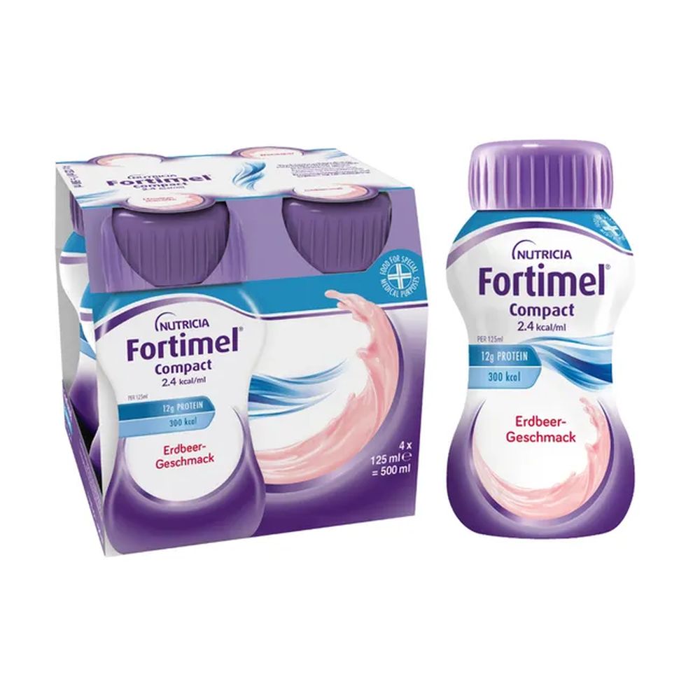 Fortimel Compact Erdbeergeschmack von Nutricia: 4er-Träger und einzelne 125-ml-Flasche, lila-weiß