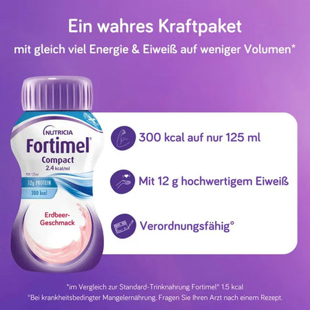 Infografik Fortimel Compact Erdbeere: 300 kcal auf 125 ml, 12 g Eiweiß, verordnungsfähig