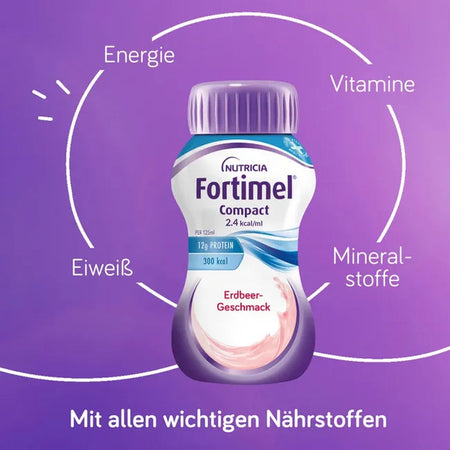 Infografik Fortimel Compact Erdbeere 125 ml mit Nährstoffkreis: Energie, Eiweiß, Vitamine, Mineralstoffe