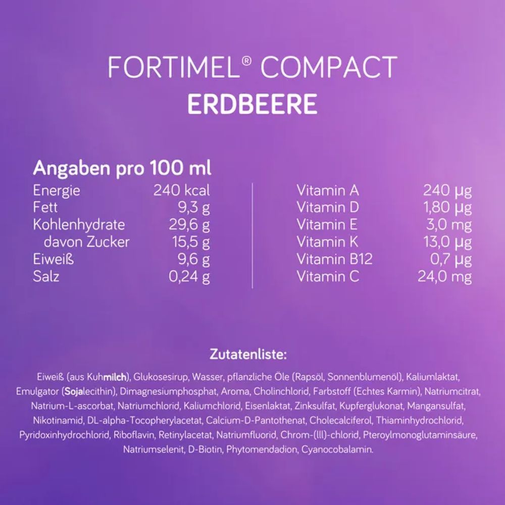 Nährwerttabelle Fortimel Compact Erdbeere pro 100 ml mit Vitaminen und vollständiger Zutatenliste