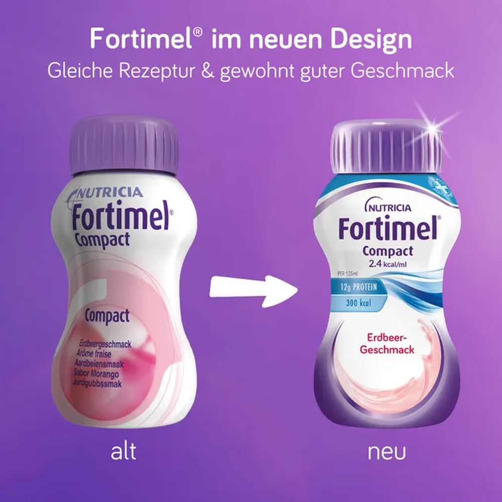 Fortimel Compact Erdbeergeschmack: Vergleich altes und neues Flaschendesign, gleiche Rezeptur